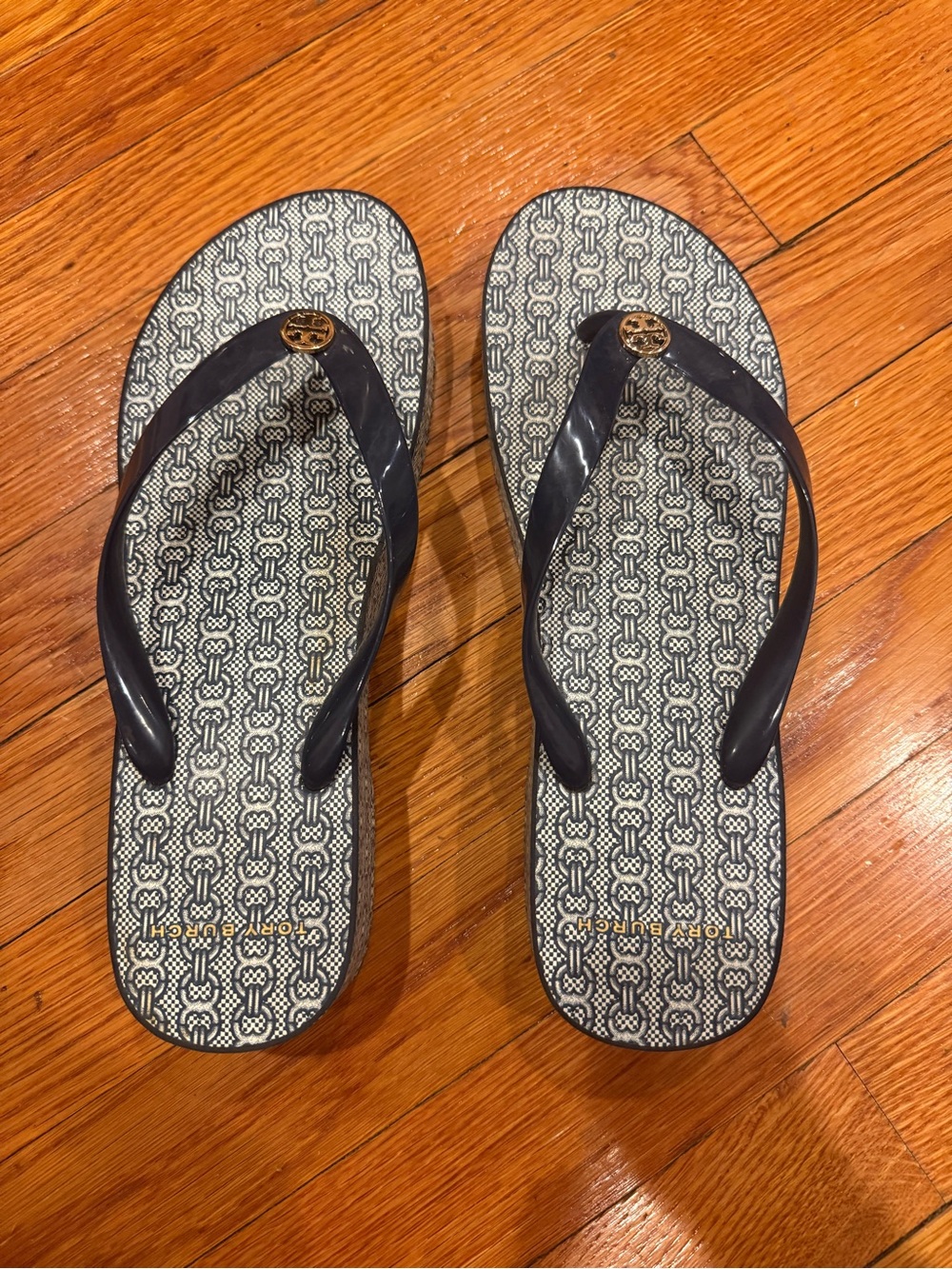 Tory Burch Cut-Out Wedge Flip Flops Geo Navy Platform Sandals US 11 46006